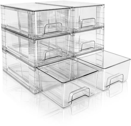 XWYWX 6er-Set Stapelbare Kleine Aufbewahrungsschubladen, Acryl Organizer mit Griffen, Kunststoffboxen für Kühlschrank, Bad, Küche, Vorratsschrank, Schubladensystem transparent