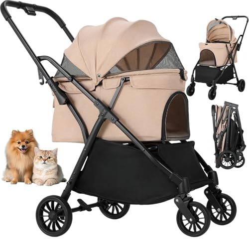 MAMIZO Faltbarer Hundebuggy One-Touch, Faltbar Katzenwagen Bis 20 kg, Hinterradbremsen, Atmungsaktives Frontfenster, Haken zum Aufhängen, 4 PCS 360° Gummiräder, für kleine Hunde Katz, Leinen rosa
