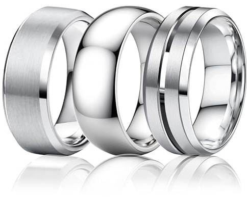 Besteel Mens Wedding Band Stainless Steel Rings for Men Women Silver Cool Simple Promise Engagement Ring Set Jewelry Gift Comfort Fit 6-14 8MM Anillos Para Hombre 3 Pcs Size 10