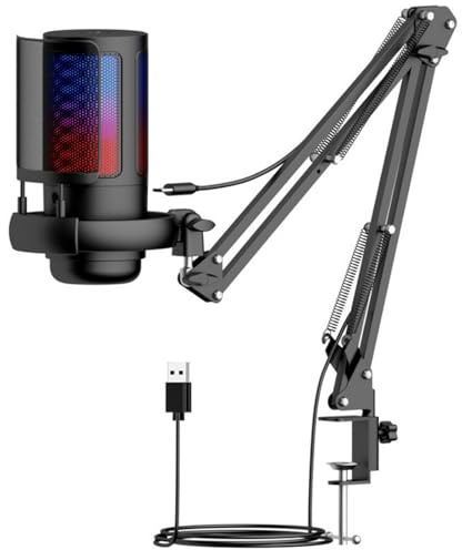 RGB Streaming Microphone with Boom Arm, USB Professional Mic for Gaming and Live Broadcast
