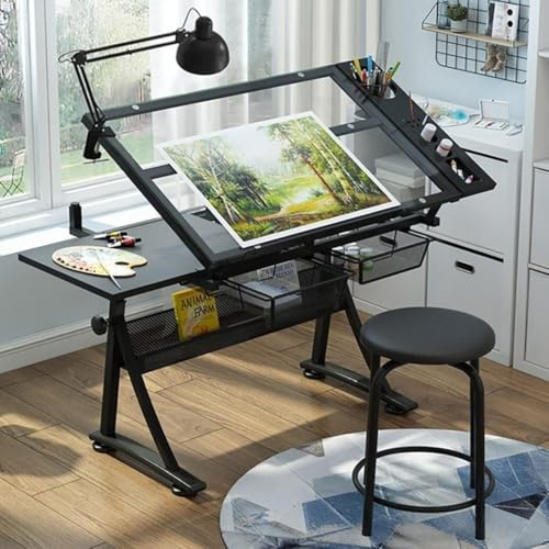 Verstellbarer Zeichentisch mit Hocker, Tischplatte aus gehärtetem Glas, 2 Schubladen, neigbares Design zum Zeichnen, Schreiben und Lesen, höhenverstellbar 78–93 cm