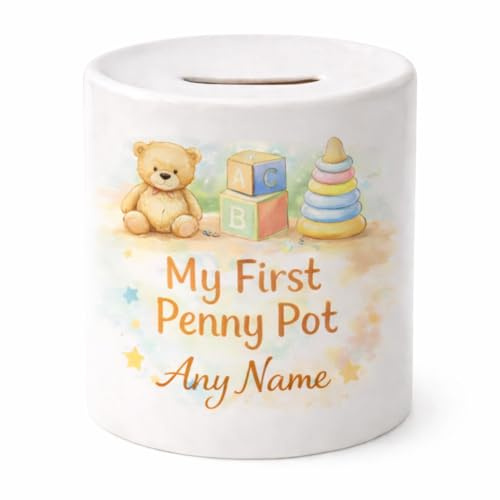 Brew Crew Gifts Personalised My First Penny Pot, Ceramic Baby Money Box, White with Watercolour Teddy Design, 9.5cm x 8cm, Nursery Keepsake for Newborns and First Birthday