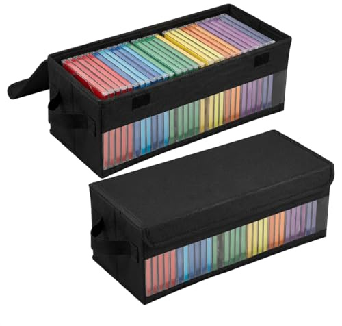 BOBASH 2 Pack CD Storage Boxes with Window and Handles, Foldable CD Case Organizer Box with Dustproof Lid, Fabric DVD Storage Container Holds 30 Full Jewel Cases, 60 Slim Cases