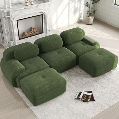 NuvlaGu Modulares U-Sofa 3-Sitzer ohne Montage, Rahmenlose Wohnlandschaft aus Premium Cord, 32D Hochelastikschaum, extra breite Armlehnen, rutschfest & haustierfreundlich, Grün