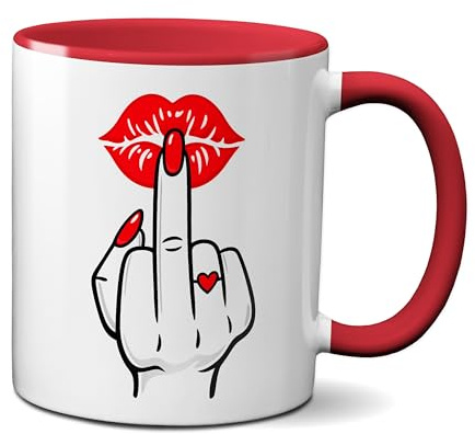 TassenKing Lustige Kaffeetasse mit Mittelfinger & Kussmund – Statement Becher – 330ml Keramik Tasse Weiß – Geschenkidee für Frauen, Freundin & Kollegin mit Humor (rot)