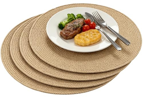HONYUET 4 Stück Platzset Rund, 35 cm Tischsets Rund aus Jute in Braun, Boho Style Tischuntersetzer, für Tisch Deko und Esstisch