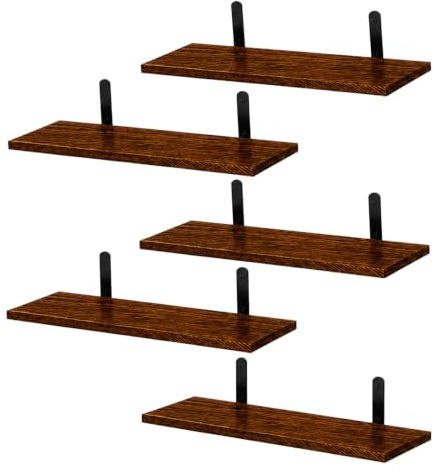 GreenWhim Floating Shelves Set of 5, Wooden Wall Shelf with Metal Brackets – 43 × 15 cm, 1.5 cm Thick – Rustic Wall Mounted Shelves Set for Bedroom, Living Room, Bathroom, Kitchen (Dark Brown)