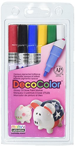 Uchida 200-6A 6-Piece Decocolor Fine Point Paint Marker Set, Red, Blue, Yellow, Green, Black, White