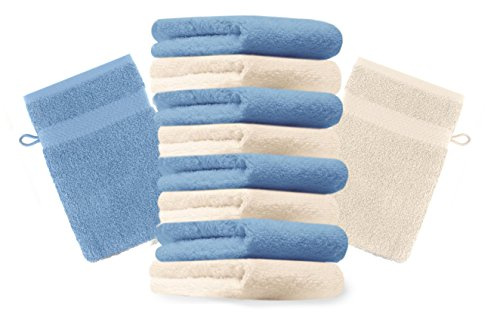 Betz 10 Stück Waschhandschuhe Premium 100% Baumwolle Waschlappen Set 16x21 cm Farbe beige und hellblau