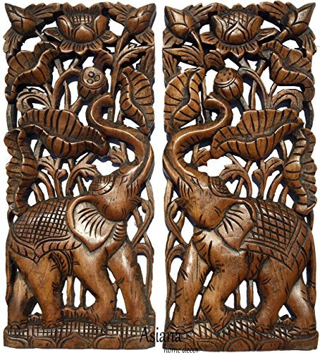 Asiana Home Decor Carved Wood Wall Panel- Elephant with Lotus Flower Design, Size 17.5x7.5x1 Each, Set of 2 Pcs. (Brown)