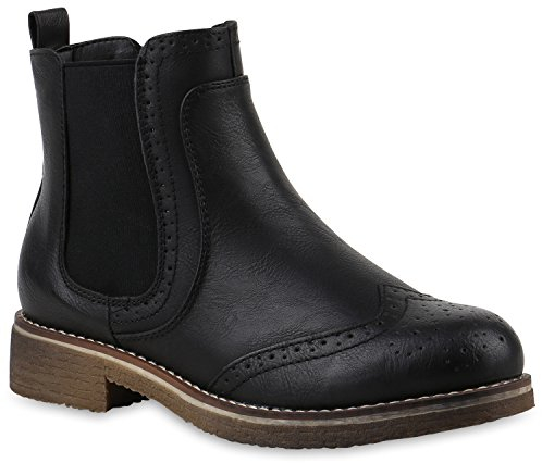 stiefelparadies Damen Stiefeletten Chelsea Boots Leicht Gefütterte Booties Leder-Optik Schuhe Profilsohle 145832 Schwarz Cabanas 39 Flandell