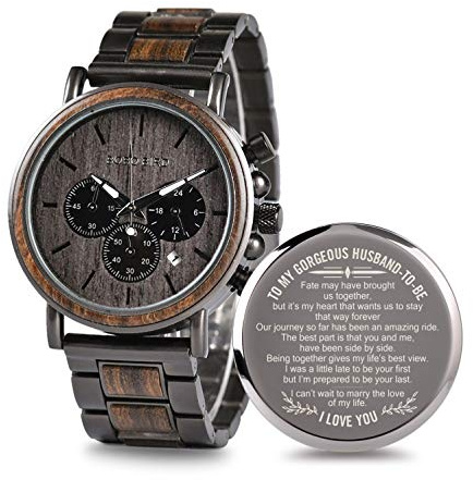 2win Gravierte Holzuhr für Freund Mein Mann Verlobter Ehemann individuelle personalisierte Holzuhren für Männer Geburtstag Jahrestag personalisierte Armbanduhr, B-für-Ehemann, Armband