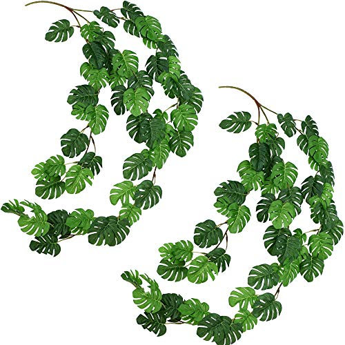 FiveSeasonStuff 2 Pcs Mini Monstera Leaves Garland Artificial Silk Leaf Vine(3.4 metres) Hanging Garland for Wall Decoration, Wedding, Bridal, Wreaths (Mini Monstera Leaves 2pcs)