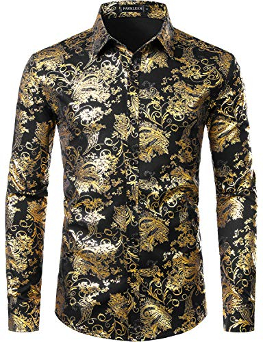 PARKLEES Men's Luxury Paisley Gold Shiny Printed Stylish Slim Fit Button Down Dress Shirt PZLCL18 Black Gold XXL