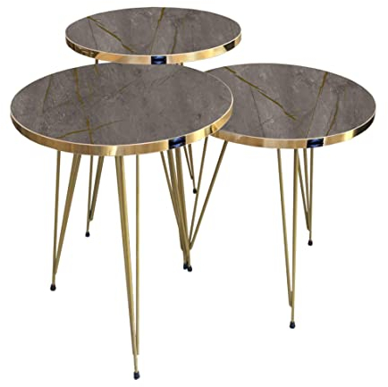 moebel17 EYGD09 - Beistelltisch 3er Set rund, Ø 38 cm Durchmesser, Höhe 45.5, 49.5 und 53.5 cm, Kaffeetisch Satztisch mit Metallgestell, Wohnzimmertisch Kaffee Tisch, Grau, Füße vergoldet, 5392