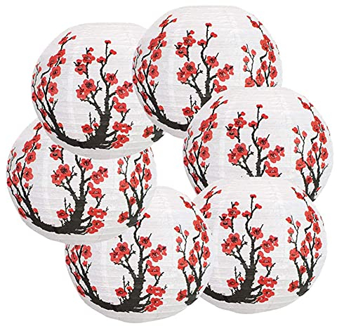 MEETOZ Paquete de 6 faroles de papel chinos japoneses con flores de cerezo rojas, 30,5 cm, lámpara de papel japonesa china redonda para decoración del hogar, boda, fiesta