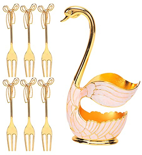 Dessert Spoon Set, Swan Holder, Zinc Alloy, 6 Piece | Mirror polished finish, coffee and ice cream use, fork style included, zinc alloy metal, dining buffet decor