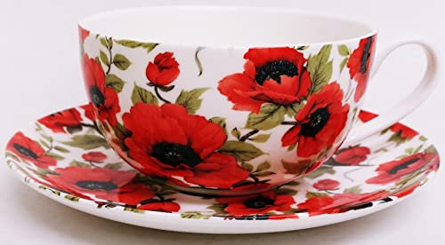 Red Poppy Cup & Saucer Fine Bone China Cappuccino 12.5 oz Poppies Large Cup & Saucer Hand Decorated in UK
