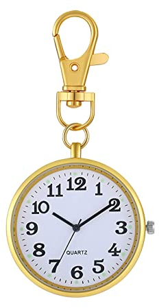 JewelryWe Taschenuhr Uhr mit Karabiner Schlüsselanhänger: Damen Herren Karabineruhr Klassische Einfache Analog Quarz Uhren mit Gold Rundem Gehäuse und großen Arabischen Zahlen Zifferblatt