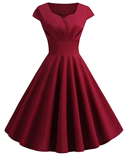 FNKDOR Robe Cocktail Femme Vintage Rockabilly Robe plissée au Genou sans Manches Rétro Col en V Cache Coeur A-Line Evasée Chic et Elegante Robe De soirée(F Vin,L)