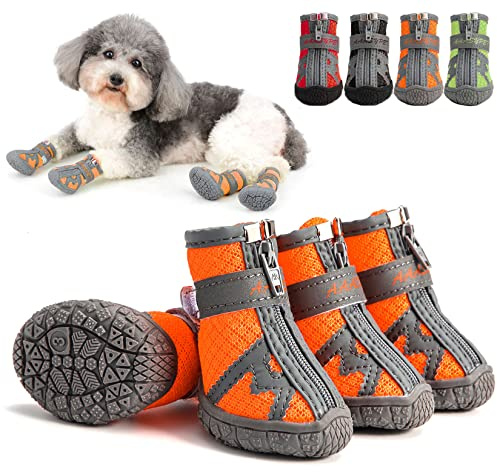 Zunea Hundeschuhe für Kleine Hunde Atmungsaktiv Netzstoff Pfotenschutz Reißverschluss rutschfest Verstellbar Reflektierend Außenbereich Stiefel mit Robuster Sohle für Haustier Chihuahua Orange 1#