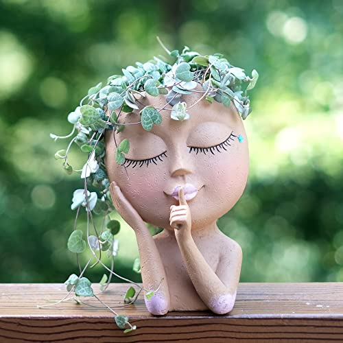 SnugMaker Pot de fleurs en forme de tête de visage pour plantes d'intérieur et d'extérieur avec trou de drainage, yeux fermés (grande taille, marron)