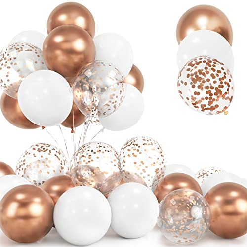 30Pcs Palloncini Oro Rosa, 12 Pollici Metallizzato Cromati Rosa Gold Confetti Palloncini, Lattice Elio Bianco Palloncini con Nastroper Compleanno Matrimonio Bambini Baby Shower Feste Decorazioni