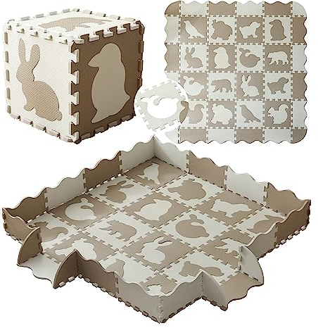 INTOMENG Kindermatte Puzzlematte Baby Play Mat for Floor Interlocking Eva Foam Puzzle Mat Krabbeldecke FüR BabyTiermuster drucken Krabbelmatte rutschfest 142×142×1cm, Tannfarbe Modell 10