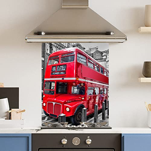 Premium 60 cm x 75 cm Red London Bus Glass 6mm Kitchen Splashback Heat Resistant Toughened Polished Edges - Back Splash Back Coloured Hob Painted Tempered Splashback
