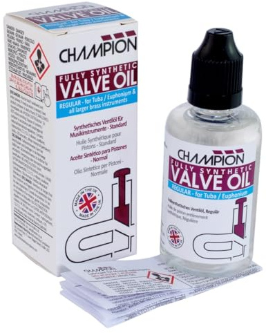 Champion Ventilöl 50 ml – (vollsynthetisch) für Euphonium und Tuba. Schmierung für große Kolben-Messing-Musikinstrumente. Hergestellt in Großbritannien. | Super-Slick Schmierung für Tuba, Euphonium, Tenor/Baritonhorn, Sousaphon, Ventilposaune, 50 ml