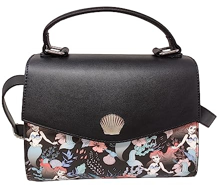 Loungefly Disney The Little Mermaid Ariel Allover-Blumen-Print Crossbody Satchel Handtasche Geldbörse, Schwarz, Medium