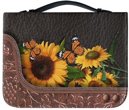 Lotusorchid Custodia per bibbia per donne e uomini, in pelle PU, borsa portatile per bibbia con girasole e farfalle, borsa tote per libri, accessori per la Bibbia cristiana, con tasca per manico,