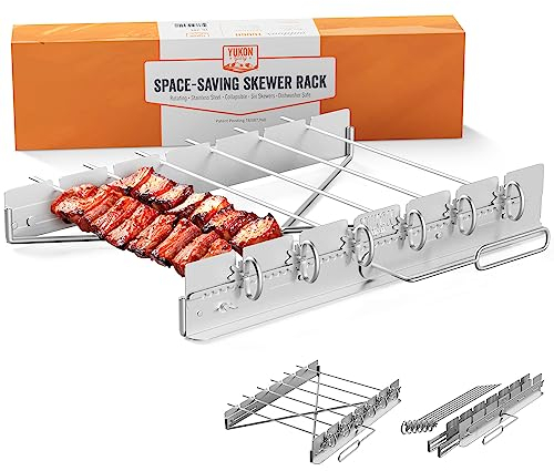 Yukon Glory BBQ Kabob Grillrost | Drehbare Schaschlikspieße | Metallspieße zum Grillen | Zusammenklappbarer Edelstahl Kabob Spieße Halter | Grillzubehör | Sechs Schaschlikspieße