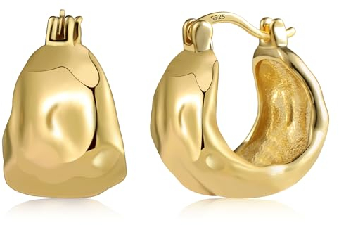 Gold Ohrringe Breit Creolen für Damen, Kleine Hypoallergene Sterling Silber Gehämmerte Klobige Dicke Huggie Ohrringe Leichte Große für den Alltag
