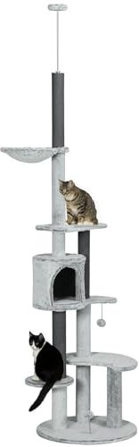 PawHut 255cm Floor to Ceiling Cat Tree with Scratching Posts, Height Adjustable Cat Tower with Hammock, House, Anti-tipping Kit, Perches, Toys, Grey