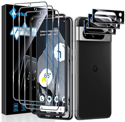 Aerku Schutzfolie für Google Pixel 8 Pro 5G für Panzerglas, 3 Stück Schutzglas und 3 Stück Kameraschutz, 0.33mm Ultra-klar Folie, 9H Härte Displayschutz Anti-Kratzen Anti-Bläschen Schutzfolie