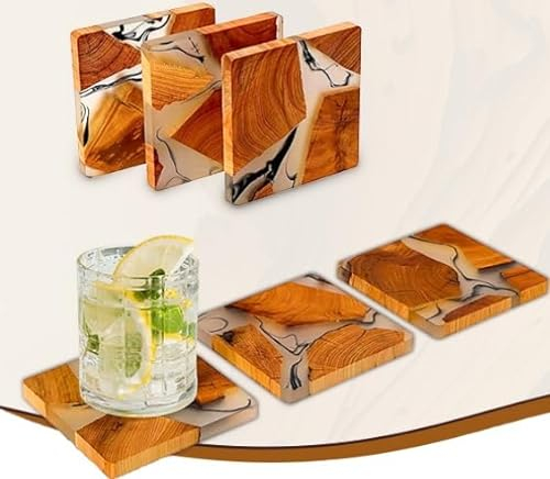 Untersetzer aus Holz für Gläser, Becher, Tassen - Epoxidharz Holz Untersetzer eckig - 6er Set - Deko Tischuntersetzer - Glasuntersetzer Holz/Epoxidharz Resin Dekoration