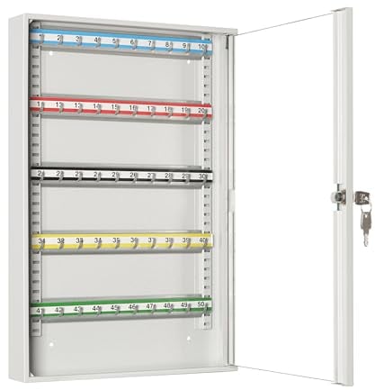 LEOMAR Schlüsselschrank, Schlüsselkasten mit 50 Haken, Schlüsselbox aus Stahlblech mit Glastüren, mit Verstellbaren Hakenleisten, Organizer zur Wandbefestigung, Abschließbar, 6 x 35 x 52 cm