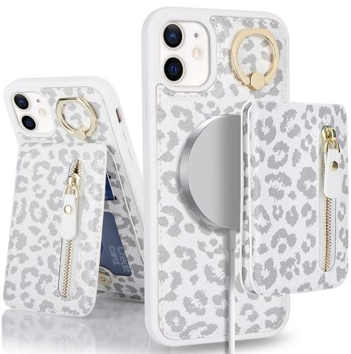 SailorTech iPhone 12 Case with Card Holder, Cover for iPhone 12 Pro - Ring Stand Kickstand Wallet Detachable 2-in-1 Zipper Case - White Leopard