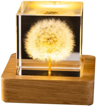 USB 3D Kristallkugel mit Holzsockel Blumen, Tischdeko Löwenzahn LED Lampe Kinder Nachtlicht, Geburtstag Kinder Geschenke, Party Deko (D)