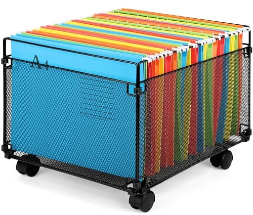 Belle Vous Black Metal Mesh A4 Suspension File Frame with Wheels - Desktop Hanging File Folder Organiser Storage Rack for Office/Home - Holds 80 Files