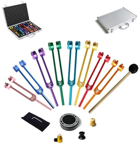 MIMIRACLE Chakra-Stimmgabel-Set – 1 Seelenzweck und 7 Chakra-gewichtete Solfeggio-Gabeln mit Aktivator, Schlägel, Basis und Aluminiumbox