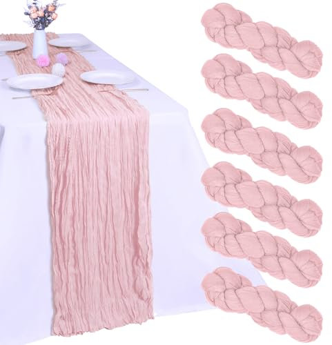 RestfulGlow Lot de 6 chemins de table en étamine rose de 3 m en tissu de gaze rustique et transparent pour mariage, anniversaire, fête prénatale, fête prénatale, décoration de table (rose)