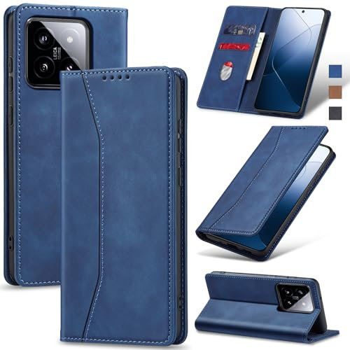 Jasonyu Handyhülle für Xiaomi 14 Hülle Leder Flip Klappbare Stoßfeste Magnetische [Premium PU Leder] [Standfunktion] [Kartenfächern] Schutzhülle Klapphülle für Xiaomi 14 (Blau)