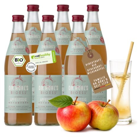 BioEss Apfelessig naturtrüb bio 3 l – Äpfel von deutschen Streuobstwiesen | Bio Apfelessig zum Trinken – Apple Cider Vinegar ACV vegan ungefiltert – BioEss seit 1962 – 6 × 0,5 l Glasflasche