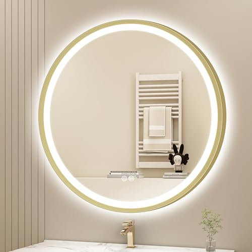 S'bagno Badspiegel mit Beleuchtung 80 cm, Spiegel Rund mit Beleuchtung mit Aluminiumrahmen, Entfoggen, 3000-6500K, HD-Gehärtetes Glas, IP44 Bad Spiegel mit Licht Memory-Funktion, Gold