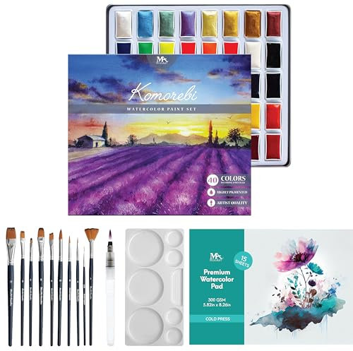 Mozart Premium japanisches Aquarellfarben-Set mit komplettem Zubehör, 40 reichhaltige Wasserfarben, inklusive Pfannen, Palette, Stift, Pad, Pinsel, Metallic- und Neon-Wasserfarben, perfektes