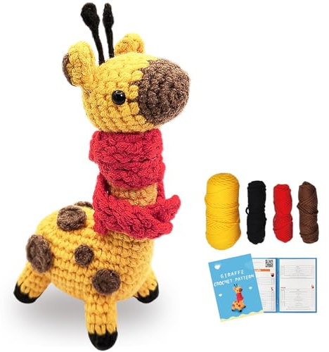 INEFARO Komplettes Häkelset für Anfänger – niedliche Giraffe DIY Häkelspielzeug | Schritt-für-Schritt-Video-Tutorials DIY Tier-Häkelset, perfekt für Anfänger, 40%+ kein Splitgarn