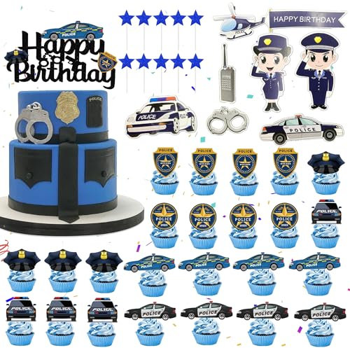 Polizei Deko Kindergeburtstag Cake Topper - 42 Stück Polizeiauto Tortendeko Cupcake Topper, Happy Birthday Kuchendeko, Polizei Geburtstag Dekoration, Geburtstagsparty für Jungen
