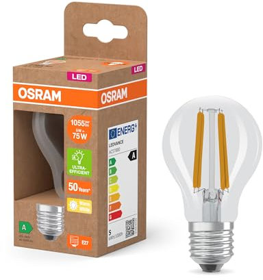 Osram Lampada LED LED Superstar Classic A 75 nella forma classica della lampadina, corpo in vetro trasparente, 5 W, 1055 lm, attacco E27, 2700 K per luce bianca calda, EEK A, diametro 60 mm.